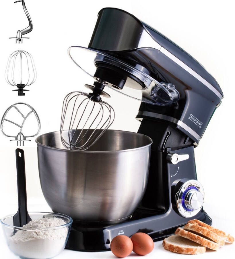 Royalty line Keukenmachine Keukenrobot Keukenmixer met 6 Snelheidsstanden + LED incl. Garde Kneedhaak Mengarm en Pannenlikker Met Spatscherm & RVS Mengkom (6.5 L) 1900W Zwart