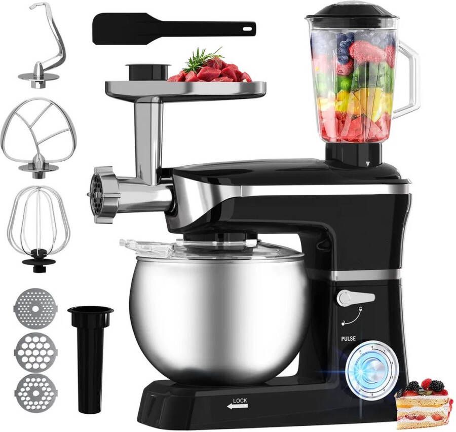 Royalty line PKM1900BG 3 In 1 Keukenmachine Keukenrobot 1900W Foodprocessor Met Blender Vleesmolen Garde Deeghaak Menghaak 6 5 Liter Zwart