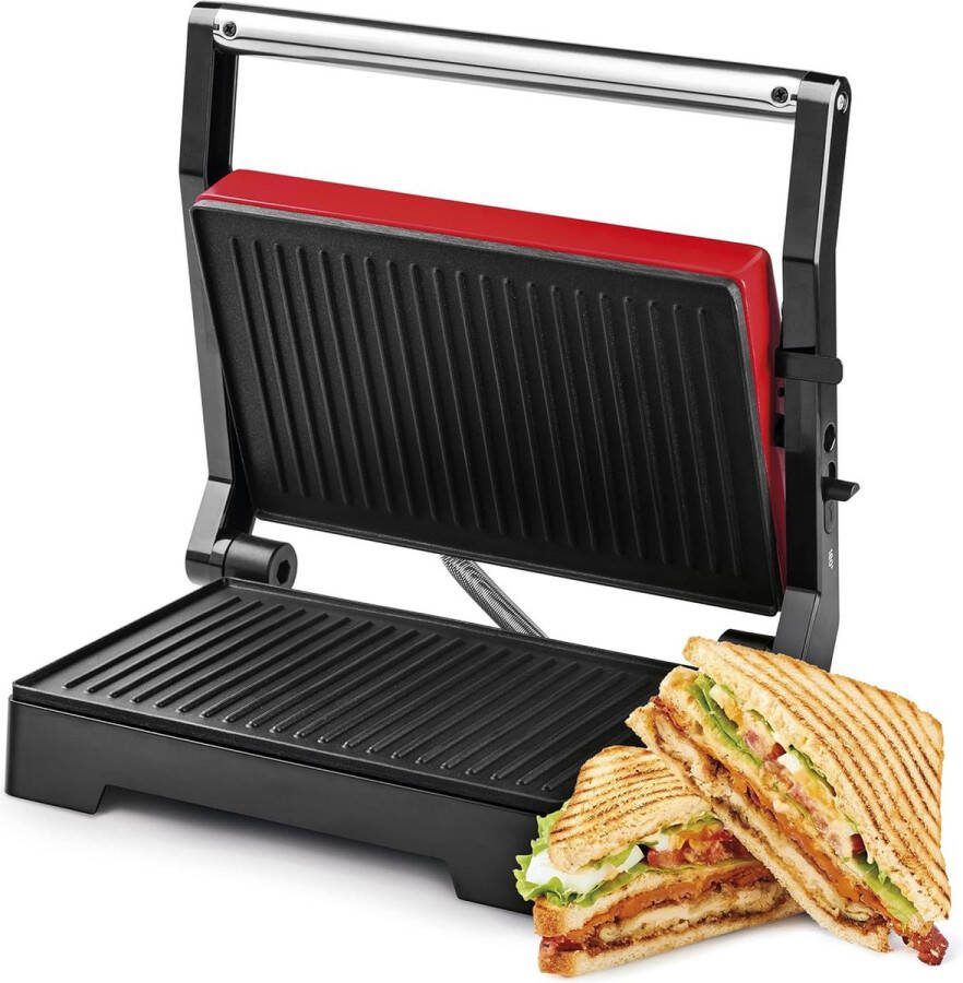 Royalty line PM1000 Tosti Apparaat Kleine Contactgrill Panini Grill 1000W Toaster Grill 23 x 15 cm Tosti Ijzer Grill Apparaat Rood