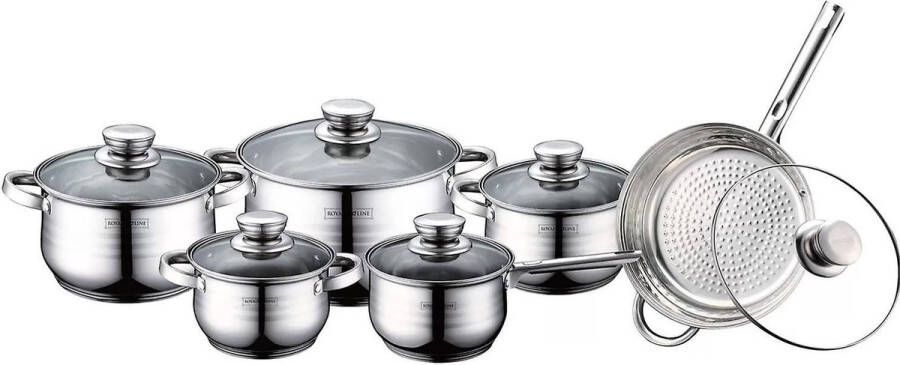 Royalty line Pot Frituur- en panset 6 pannen- RVS- Inclusief glazen Deksels Zilver