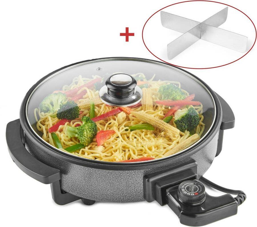 Royalty line PP18214 Elektrische Hapjespan XXL Met 4 Vakverdeling 1500W Ø42cm Groot Multifunctionele Partypan XXL Elektrische Pan Met Antiaanbaklaag Zwart