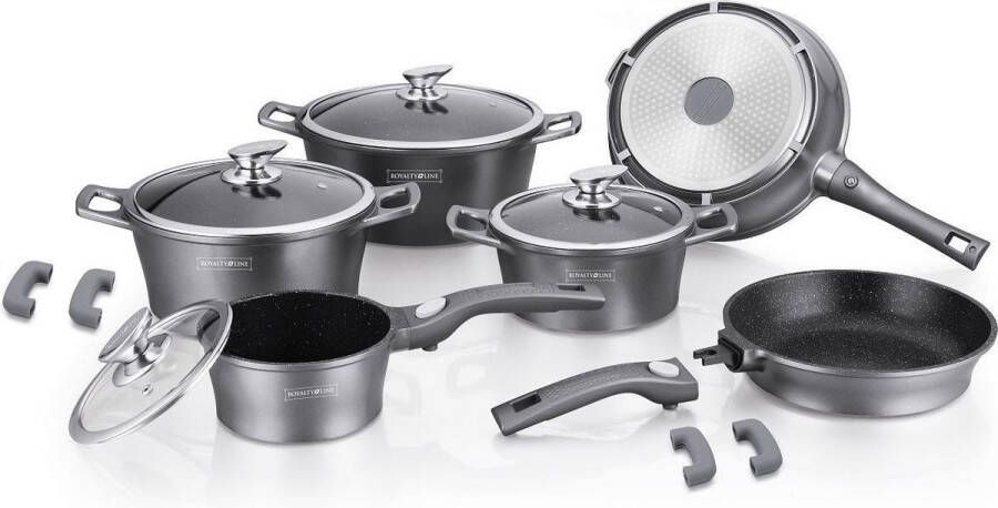 Royalty line Royalty Lin ES2014 Inductie Pannenset Luxe 14-delige Pannenset Met Afneembare Handvaten Oven-Ready PFAS-Vrij Voor Alle Warmtebronnen Antiaanbaklaag Koekenpan Met Glazen Deksels Zilver