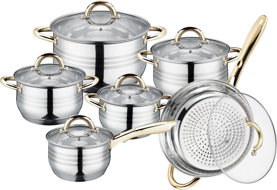 Royalty line 1231G Pannenset Inductie 12 Delige Pannenset Geschikt Voor Alle Warmtebronnen RVS Goud
