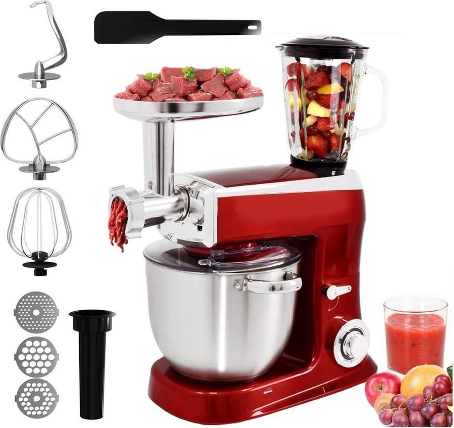 Royalty line PKM2100BG Keukenmachine Keukenrobot 2100W Foodprocessor met Blender en Vleesmolen Mengkom 7.5 Liter Rood