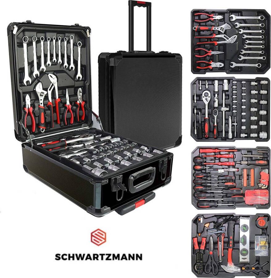 Royalty line Schwartzmann 409 Delige Gereedschapset in Koffer Toolbox Gereedschapskoffer Gevuld Gereedschapskist Schroevendraaierset Aluminium Handgereedschap Basisgereedschap Met Momentsleutel Ratel & Verlengstuk en Meer Zwart Goud