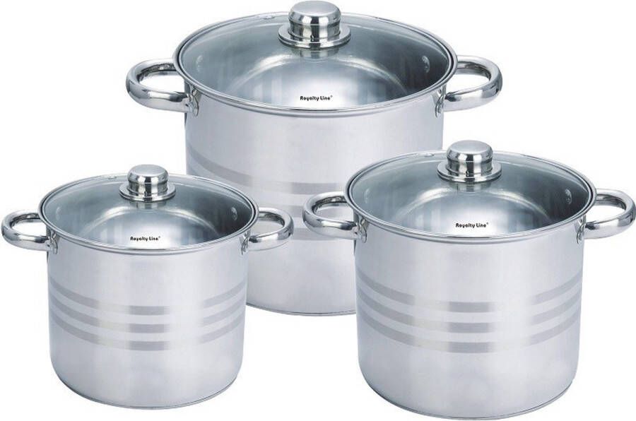 Royalty line SP4 Pannenset Inductie 6 Delig Kookpannen Set Met Glazen Deksel Ø 26 28 30 cm 11.1 13.5 16.2 Liter Geschikt Voor Alle Warmtebronnen RVS