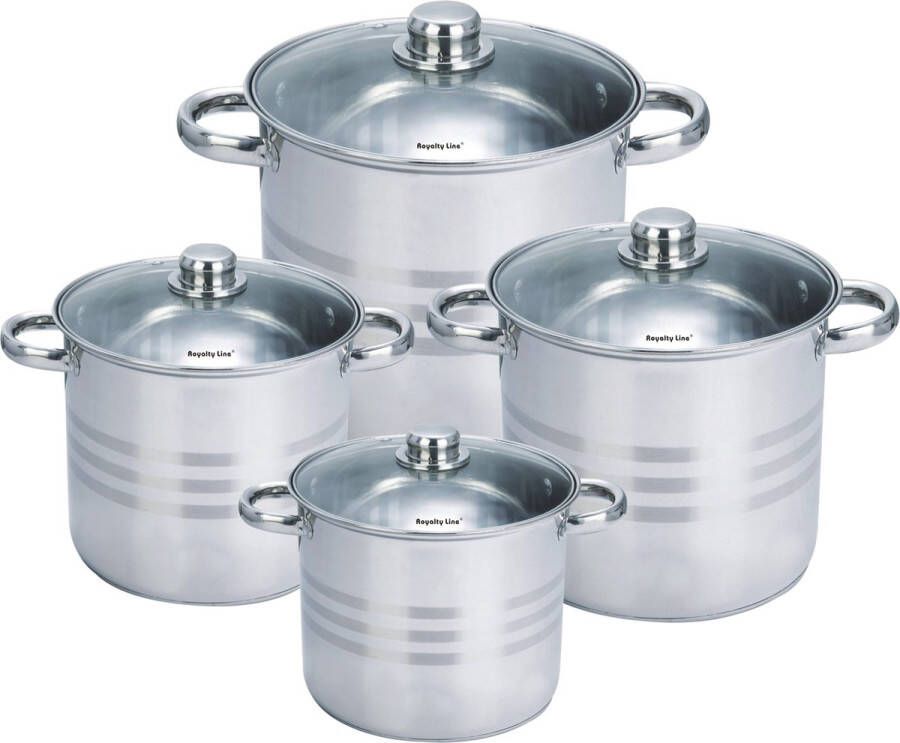 Royalty line SP8 Pannenset Inductie 8 Delige Diepe Pannenset Met Glazen Deksel Kookpotten 22 24 26 28 cm Voor Alle Warmtebronnen RVS