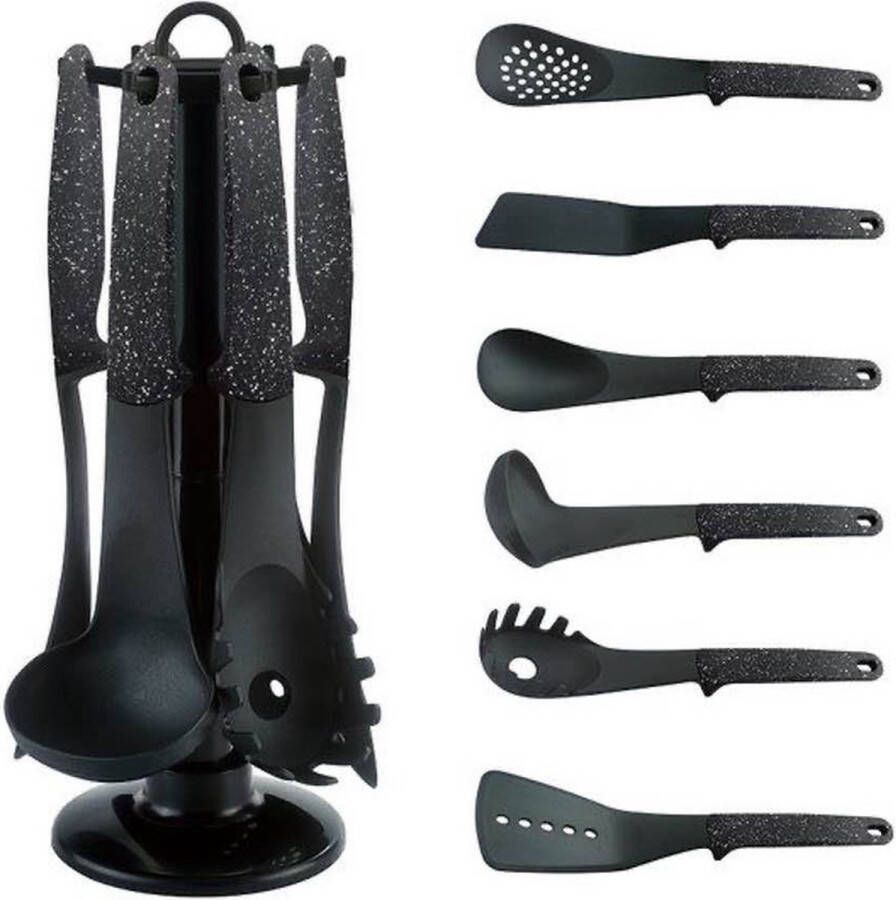 Royalty line U05 Keukengerei Set 7 Delige Kookgerei Set BPA-Vrij Koken Ophangbaar Hittebestendig Keukenset Met Carroussel Kitchenset Zwart