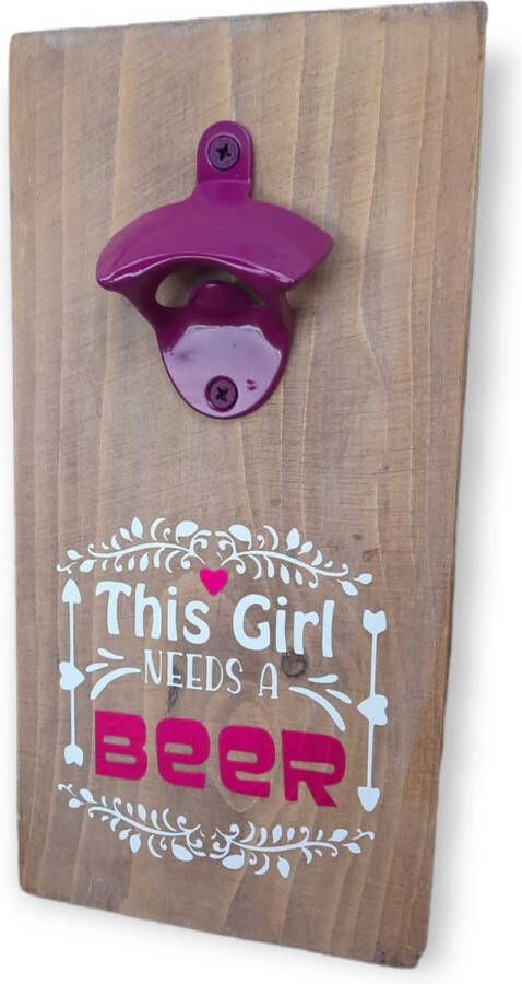 Roze sleutel Opener wandbord roze vrouw flessenopener bieropener houten cadeautje witte tekst