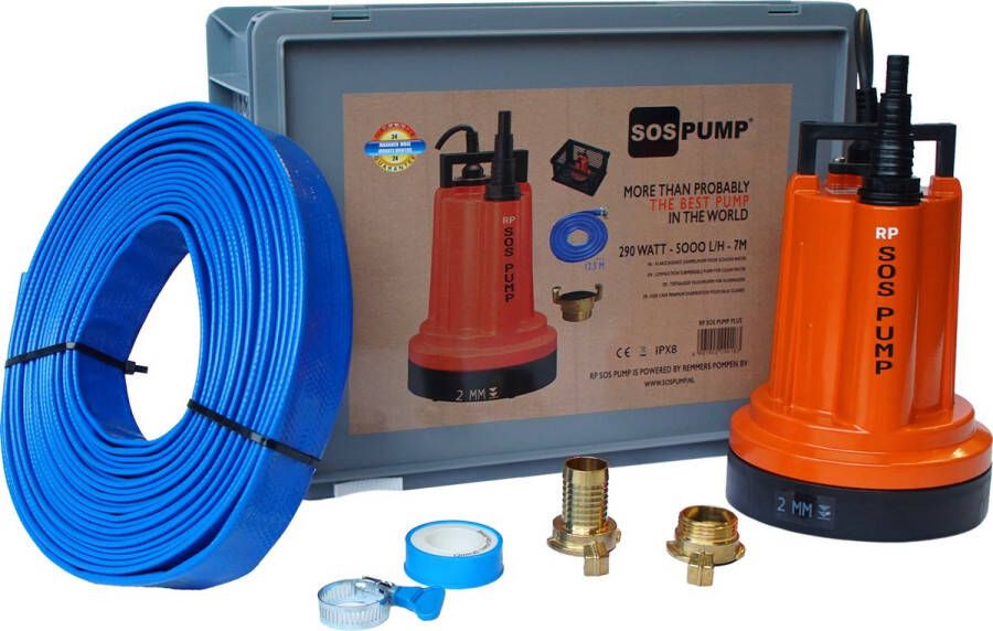 RP Pump RP SOS PUMP PLUS Plug&Play Vlakzuigende Dompelpomp Set 12.5 Meter Slang Connector IN OUT Meertraps Slangule & Draadnippel Slangklem Teflon Tape en Opbergbox 290W 5000 L H 2MM