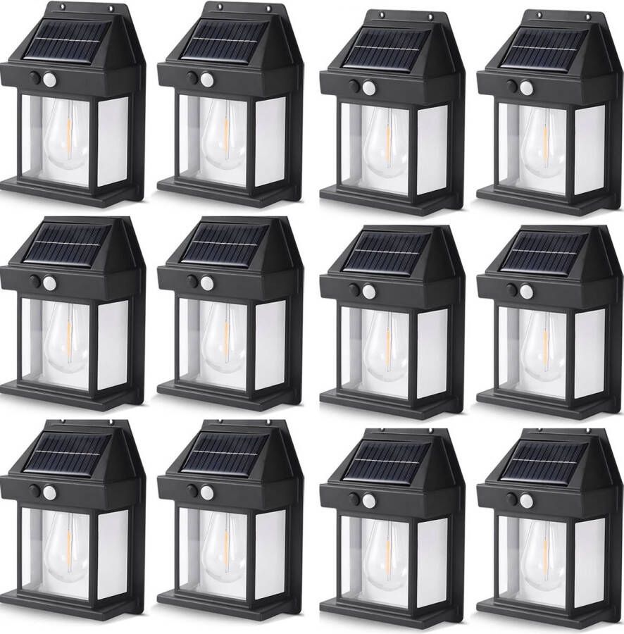 RS Goods Buitenlamp op Zonne Energie 12 Stuks Met Ingebouwde Bewegingssensor 3 Verschillende Lichtstanden Solar Tuinverlichting Buitenverlichting Zwart