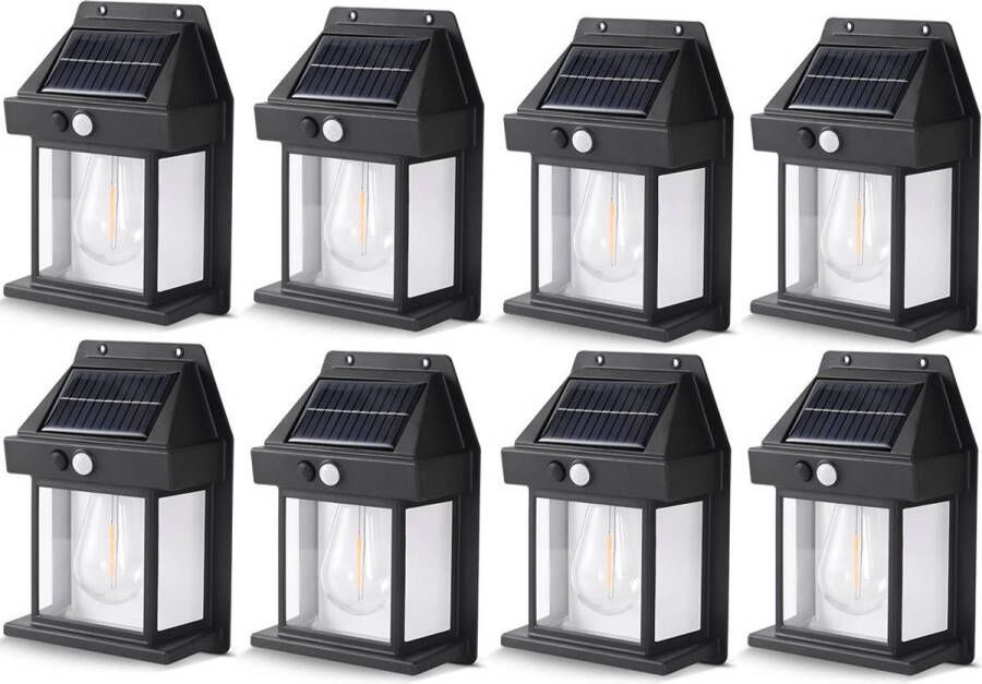RS Goods Buitenlamp op Zonne Energie 8 Stuks Met Ingebouwde Bewegingssensor 3 Verschillende Lichtstanden Solar Tuinverlichting Buitenverlichting Zwart