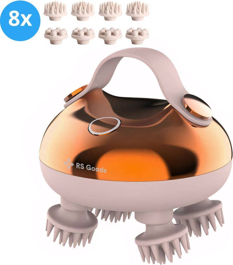 RS Goods Elektrisch Hoofdmassage Apparaat met 8 Extra Opzetstukken Met Infrarood Lichttherapie Draadloos & Waterdicht Tegen Hoofdpijn & Stimuleert Haargroei Scalp Massager Goud