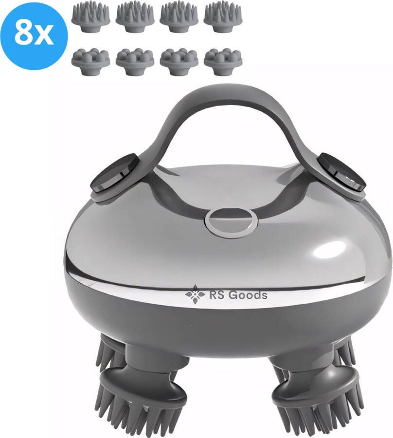 RS Goods Elektrisch Hoofdmassage Apparaat met 8 Extra Opzetstukken Met Infrarood Lichttherapie Draadloos & Waterdicht Tegen Hoofdpijn & Stimuleert Haargroei Scalp Massager Zilver