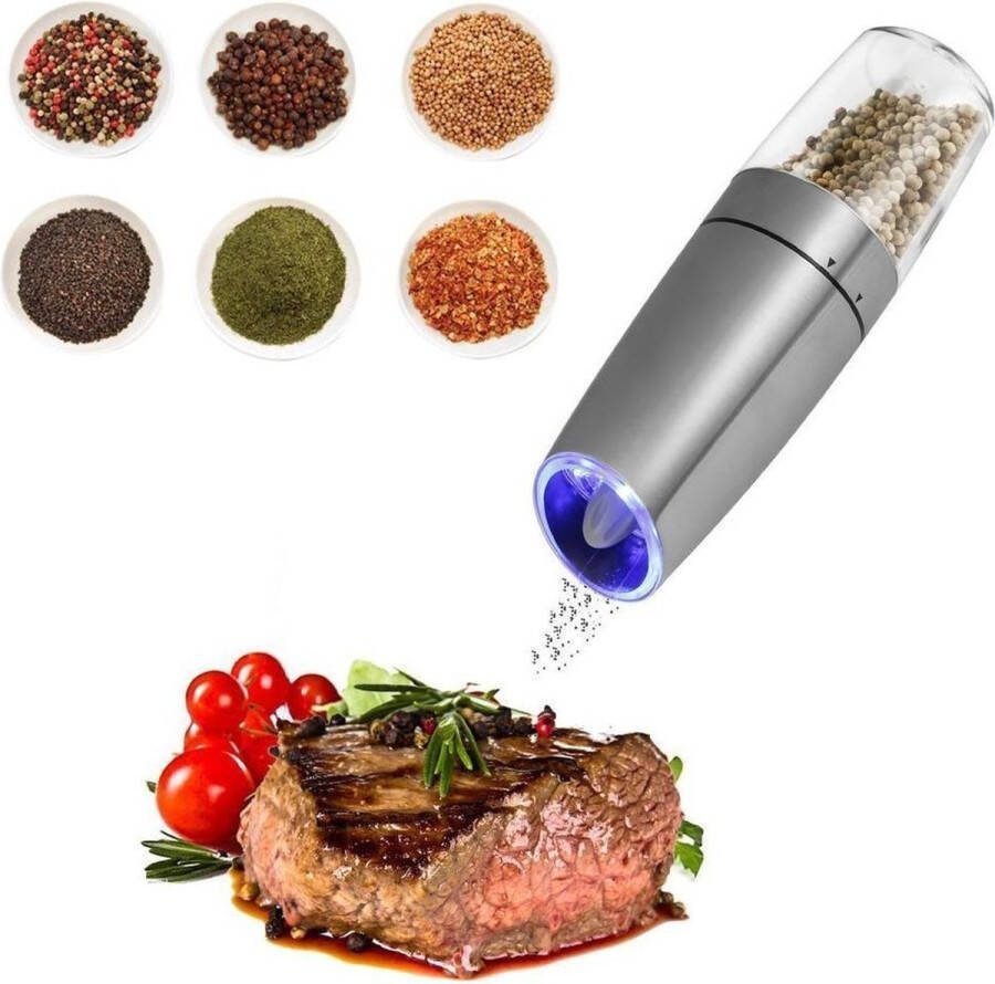 RSQUAD Elektrische Zout Pepermolen 1x Automatische Peper Zoutmolen Kruidenmolen Met Blauw LED Licht Zilver