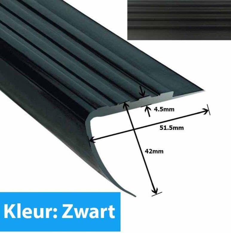 Rubber Webshop Trapneusprofiel trapprofiel PVC Rubber 51 5x42mm Zwart Lengte 115cm Rubber hoekprofiel trapneus rubber hoekprofiel traptrede profiel