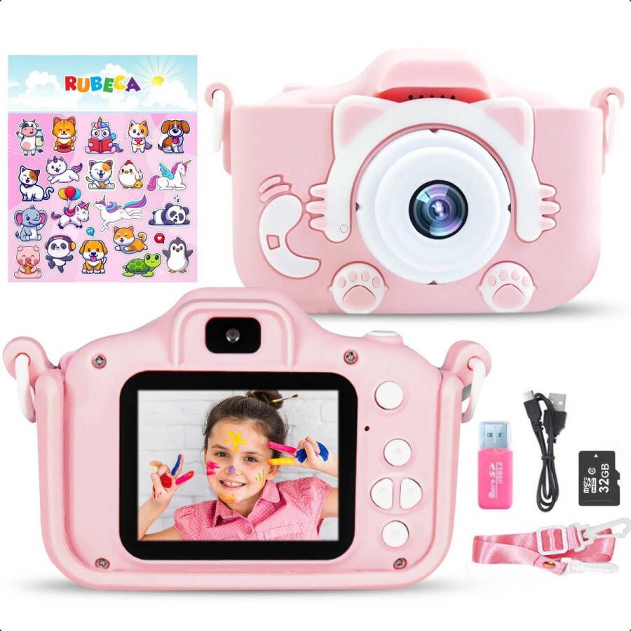 Rubeca Digitale Kindercamera met 32GB Micro SD Kaart en SD Kaartlezer + Stickervel Fototoestel voor Kinderen- Nederlandstalig Sinterklaas Cadeautjes Kinderen Roze