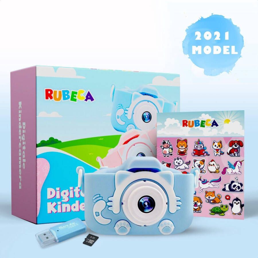 Rubeca Digitale Kindercamera met 32GB Micro SD Kaart en SD Kaartlezer + Stickervel Schokbestendig Fototoestel voor Kinderen Vlog Camera Nederlandstalig USB Oplaadbaar Blauw