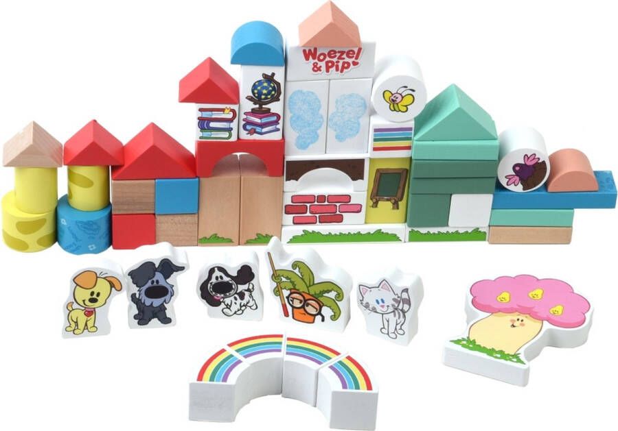 Rubo Toys Woezel en Pip houten blokken 50 delig Vrolijke kleueren Verschillende vormen