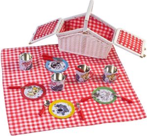 Rubo Toys Woezel en Pip Picknickset Serviesset Tin Mandje en kleedje 4 kopjes en schoteltjes met lepeltjes en vorkjes