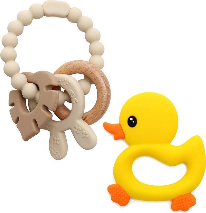 RubyC Bijtspeelgoed Set Khaki Bijtspeeltje Armband en Eendje Siliconen met Houten Ring Kraamcadeau Tandjes Kalmeren van Tandvlees Kraamcadeau Teether