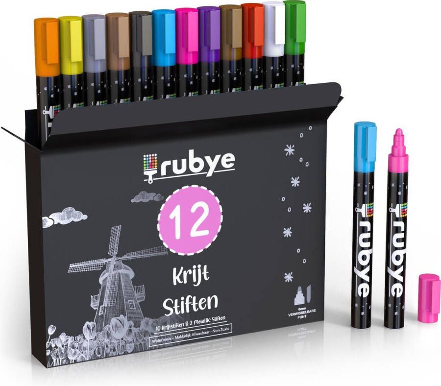 Rubye Raamstiften Kinderen 12 stuks Afwasbaar Krijtstiften voor Raam Whiteboard Stiften Whiteboard Marker Window Marker Krijtmarker Glasstiften Porselein Stiften