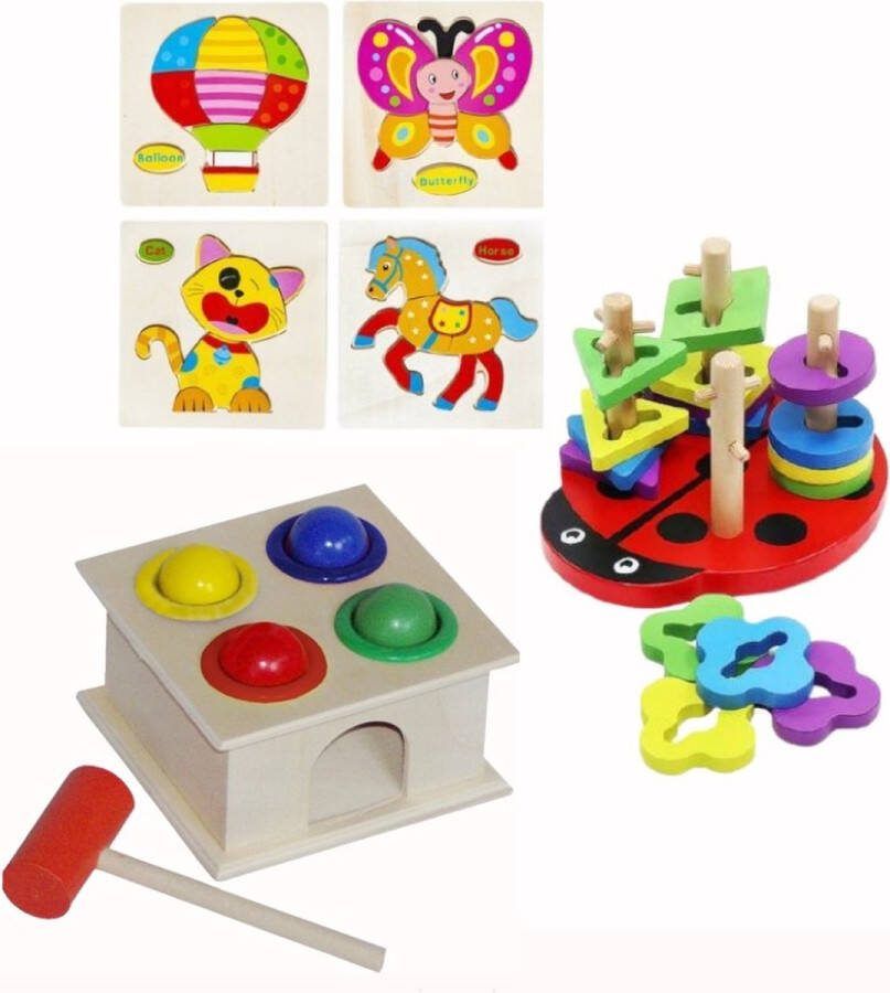 Iso trade Montessori Educatief Houten Speelgoed 3 in 1 Puzzel Vormenstoof Sorteerpuzzel Sorteerspel Lieveheersbeestje + Hamerbank + 4 Puzzels Hamertje Tik Vormenstoof Peuter Kleuter Speelgoed Stapel Blokken