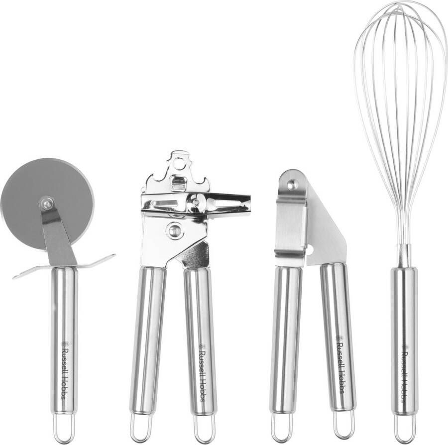 Russell Hobbs 4-delige keukengereedschapset – pizzasnijder – garde – blikopener – knoflookpers – roestvrij staal