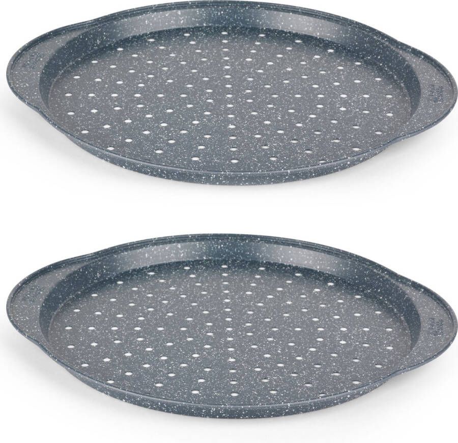 Russell Hobbs COMBO-5447 set van 2 Pizza Pan ronde geperforeerde non-stick bakplaat 37 cm PFOA-vrij perfect voor het koken voor het hele gezin knoflookbrood en meer koolstofstaal blauw marmer Nightfall Stone