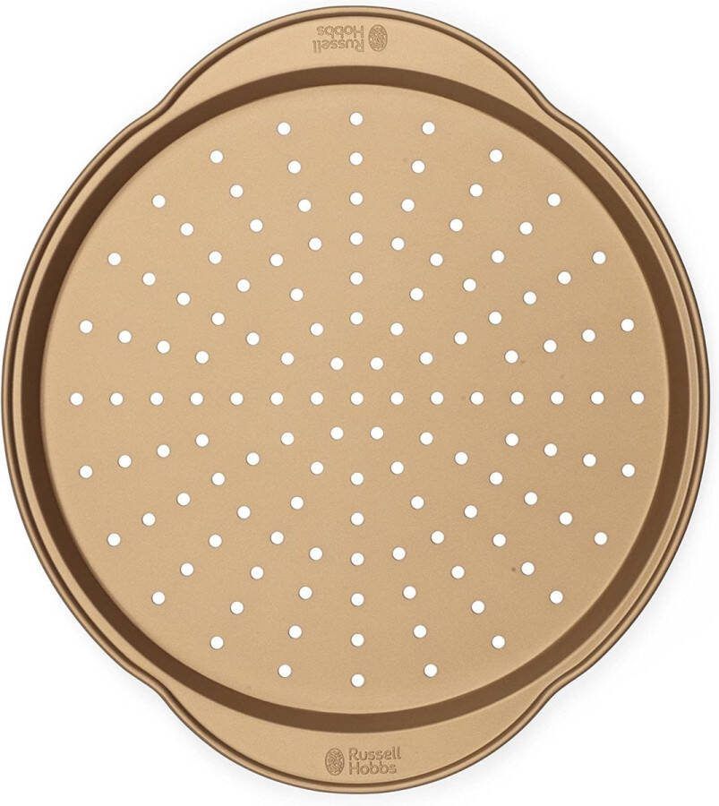 Russell Hobbs Opulence Non-Stick Pizza Pan Round Baking Tray for Garlic Bread Flatbreads and More Easy Clean PFOA Free Oven Safe to 220 Degrees 37 cm Carbon Steel Gold