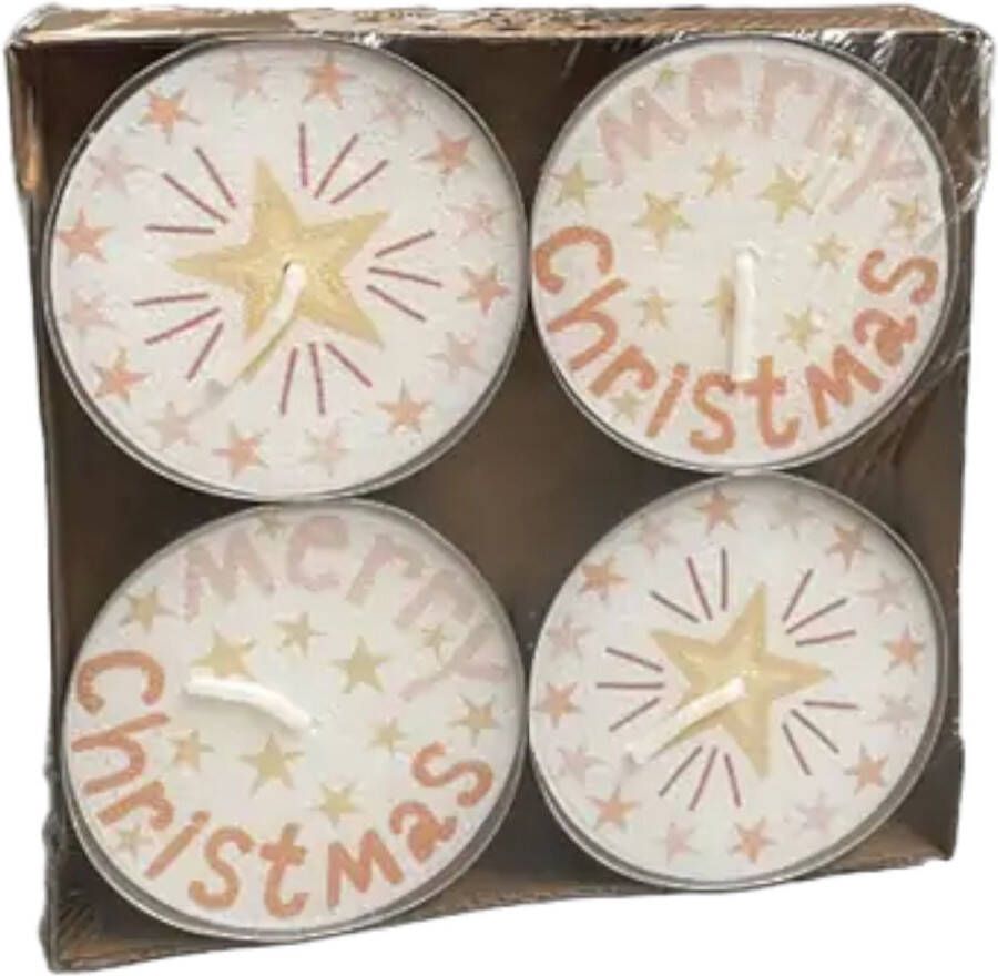 Rustik Lys Waxinelichtjes met print 'Merry X-Mas' Set van 4