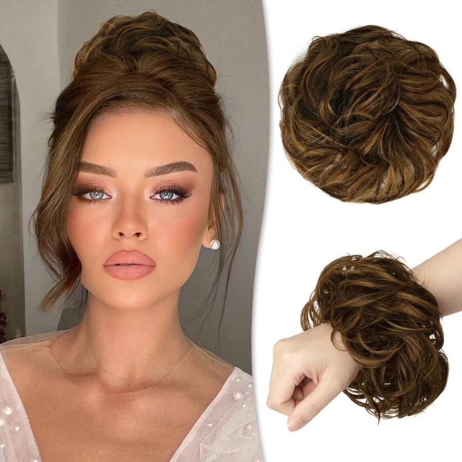 RUWISS Rommelig haarstukje 100% echt haar rozenkrankje voor vrouwen echt haar scrunchies opgestoken kapsel haarstukjes krullende haarextensie Karameel Blond