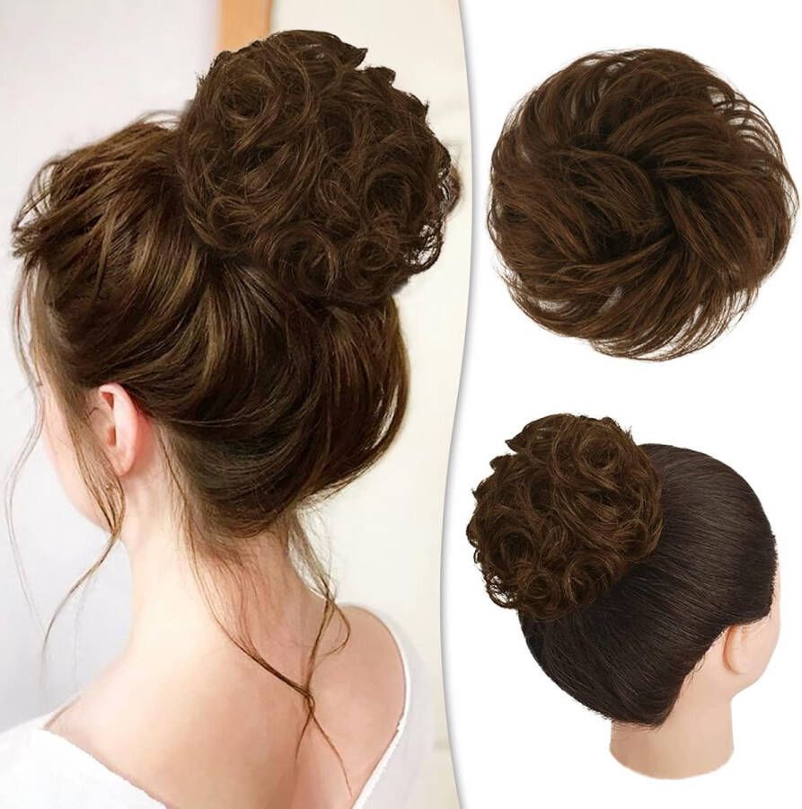 RUWISS Rommelig haarstukje 100% echt haar rozenkrankje voor vrouwen echt haar scrunchies opgestoken kapsel haarstukjes krullende haarextensie paardenstaart lichtbruin