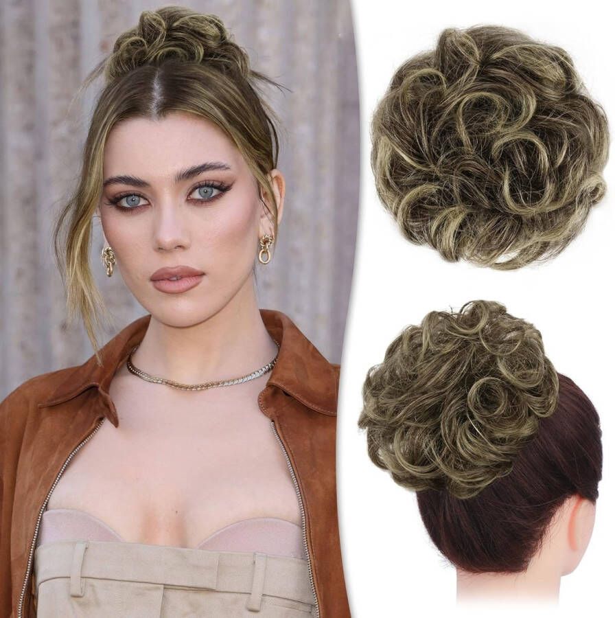 RUWISS Rommelig haarstukje 100% echt haar rozenkrankje voor vrouwen echt haar scrunchies opgestoken kapsel haarstukjes krullende knot verlenging rommelige broodjes blond gemengd