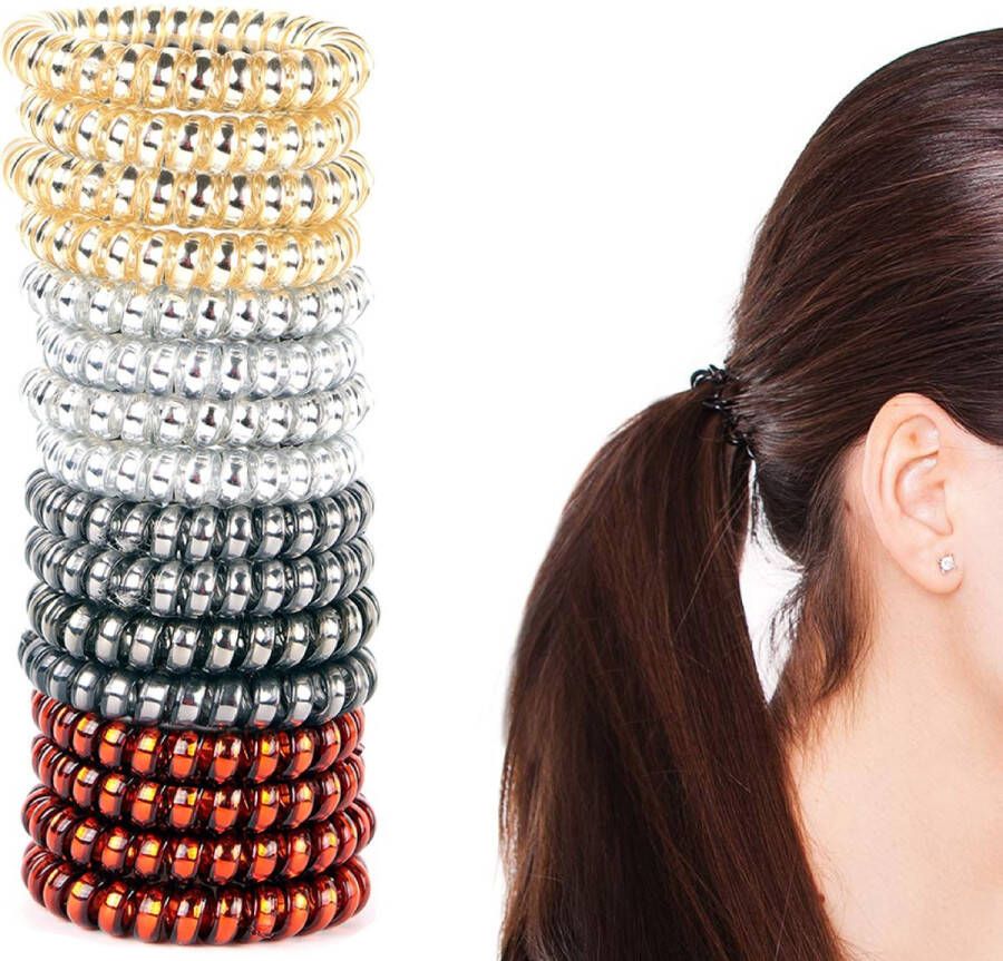 RX Goods 16 Stuks Luxe Spiraal Haarelastiekjes Gekleurd – Elastiekjes voor Vrouwen & Meisjes – Rood Goud Licht en Donkerzilver