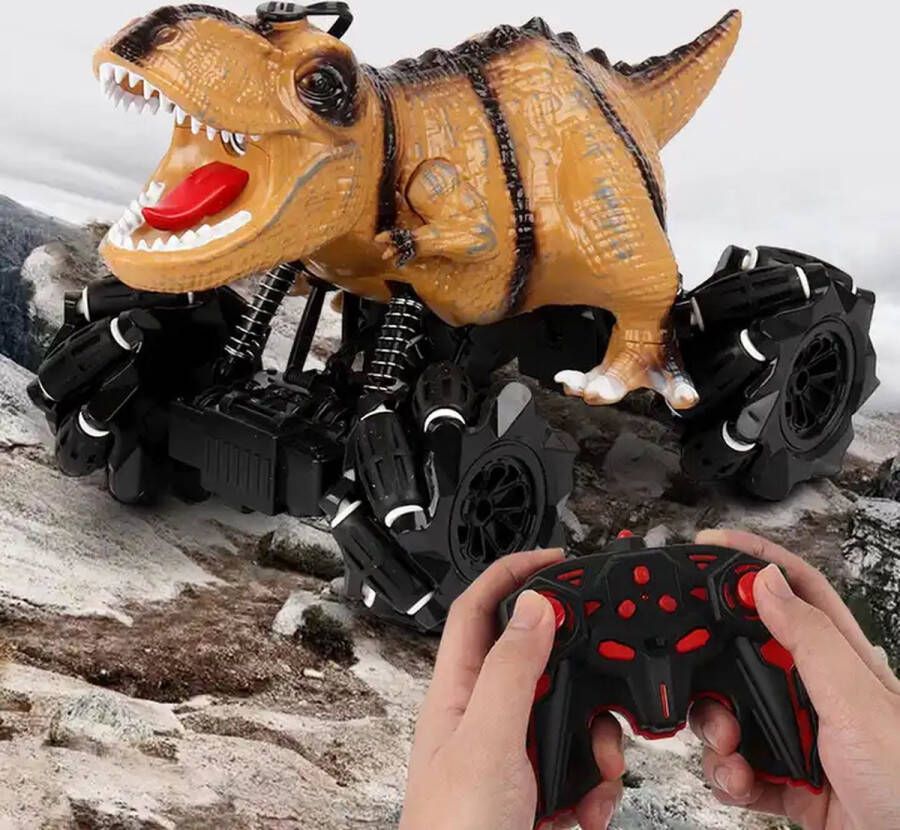 RyC Toys Afstandsbediening dinosaurus auto- geel bestuurbare auto met accu |sinterklaas cadeautjes| bestuurbare auto Dino truck dinosaurus afstandsbediening auto met muziek en led-verlichting