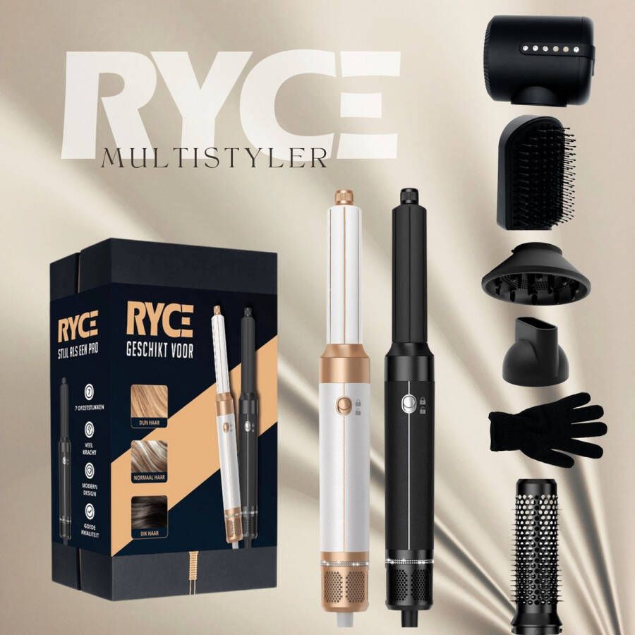 RYCE Multistyler PRO 7 in 1 NIEUW MODEL 2023 Krultang Föhnborstel Stijltang Krulborstel Airstyler Automatische krultang Haardroger met borstel Hairwrap Inclusief hitte handschoen Zwart