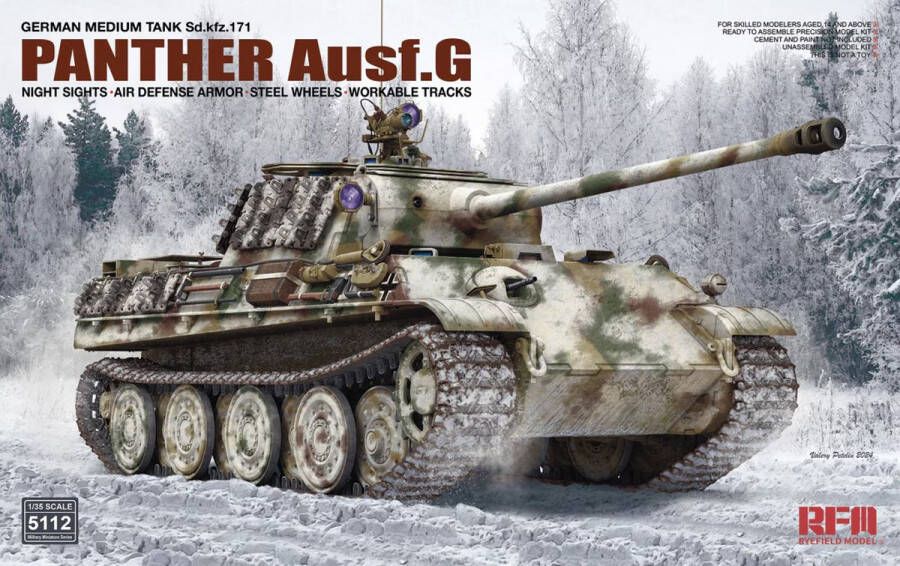 Rye Field Model 1:35 5112 Sd.Kfz.171 Panther G w Night Sights and Air Defense Armor & Steel Wheel Plastic Modelbouwpakket