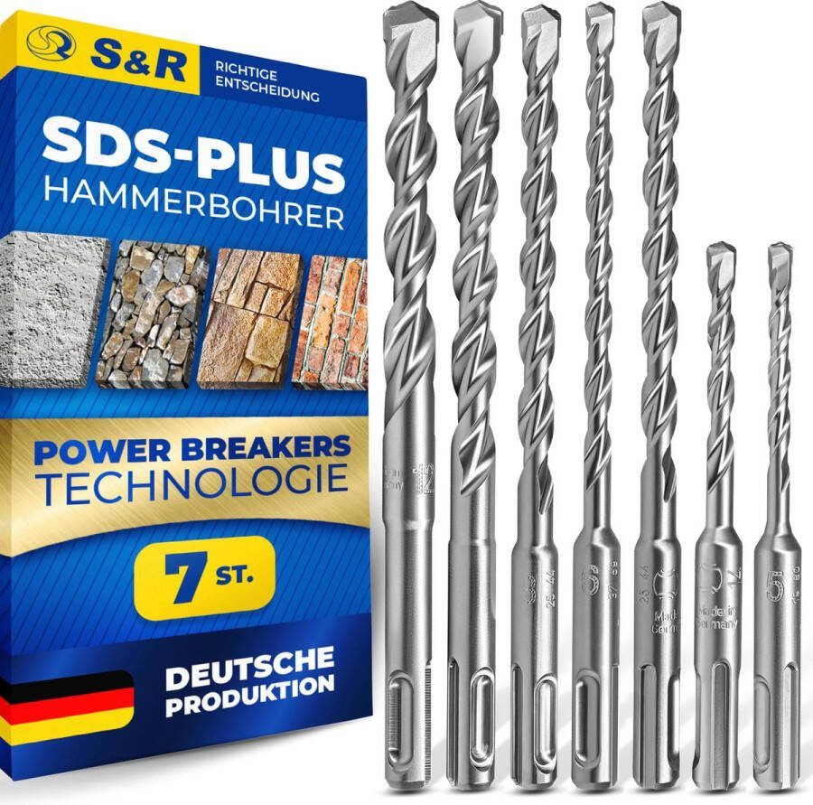 S&R Hamerboorset 7-delig SDS Plus Industriekwaliteit Made in Germany Gecertificeerde Slagboor PGM Power Breakers Technologie Premium Betonboorset voor Beton Graniet Steen; 5 6 8 6 8 10 12 mm