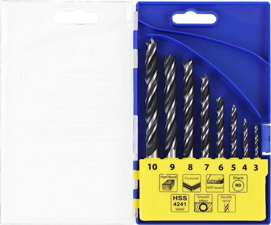 S&R Houtboor Plugboor Premium Houtspiraalboor Set 8-delig: 3 4 5 6 7 8 9 10 mm in Kunststofdoos HSS-boor met effectieve dubbele spiraal