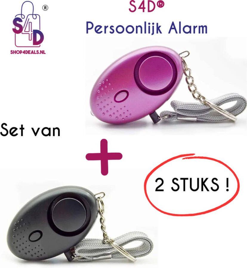 S4D Persoonlijk Zakalarm Paniekalarm Senioren Alarm Veiligheid Alarm Persoonlijke Alarmknop Zelfverdediging Sirene 130 Decibel Incl. Batterijen Met LED Zaklamp Set Van 2 Stuks Zwart + Paars