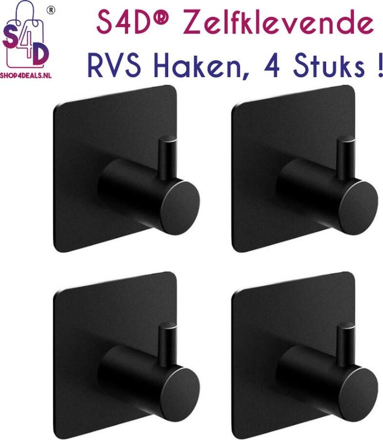S4D Handdoekhaakjes Ophanghaken Zelfklevend Handdoekhouder Zelfklevend Hangen Zonder Boren ! RVS Set van 4 STUKS ! Zwart