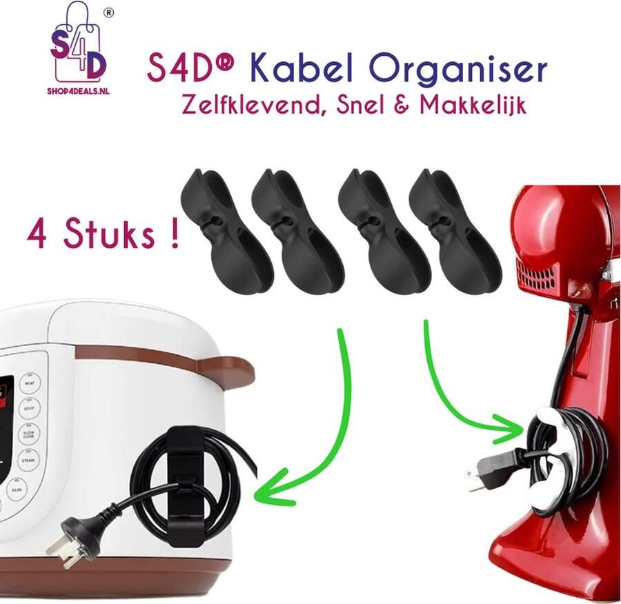 S4D Kabel Organiser Zelfklevend 4 Stuks ! Kabelbinders Kabelhouder Kabel Management Kabel Clips Kabel Organizer Zwart