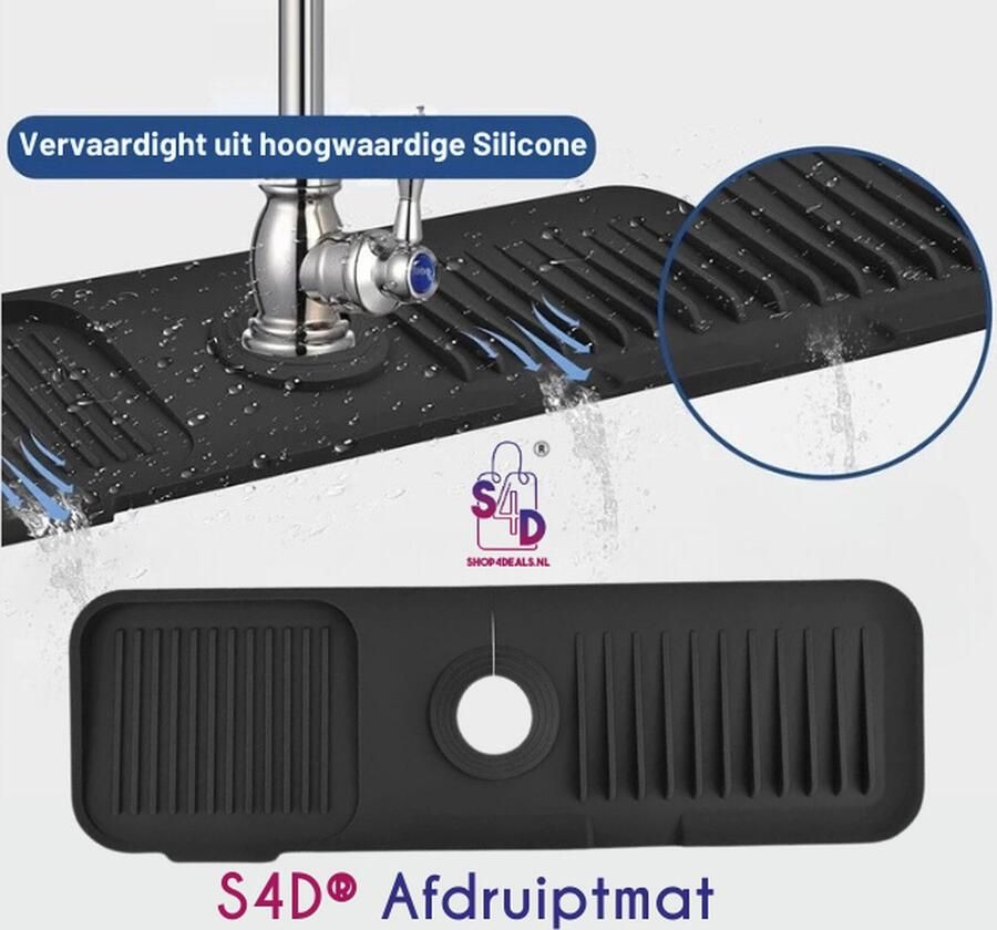 S4D Kraanmat Siliconen Afdruipmat Kraan Zwart 37x14 CM