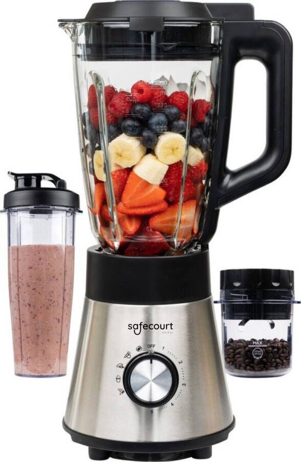 Safecourt Kitchen BL100 Krachtige Blender Smoothie 1000W 1.5L & 600ml sportbeker RVS zwart