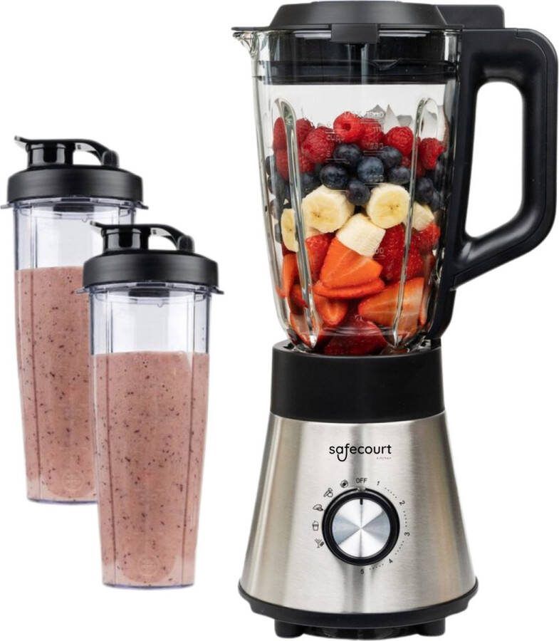 Safecourt Kitchen Power blender 5 automatische programma's Smoothie maker +2 to go cups RVS