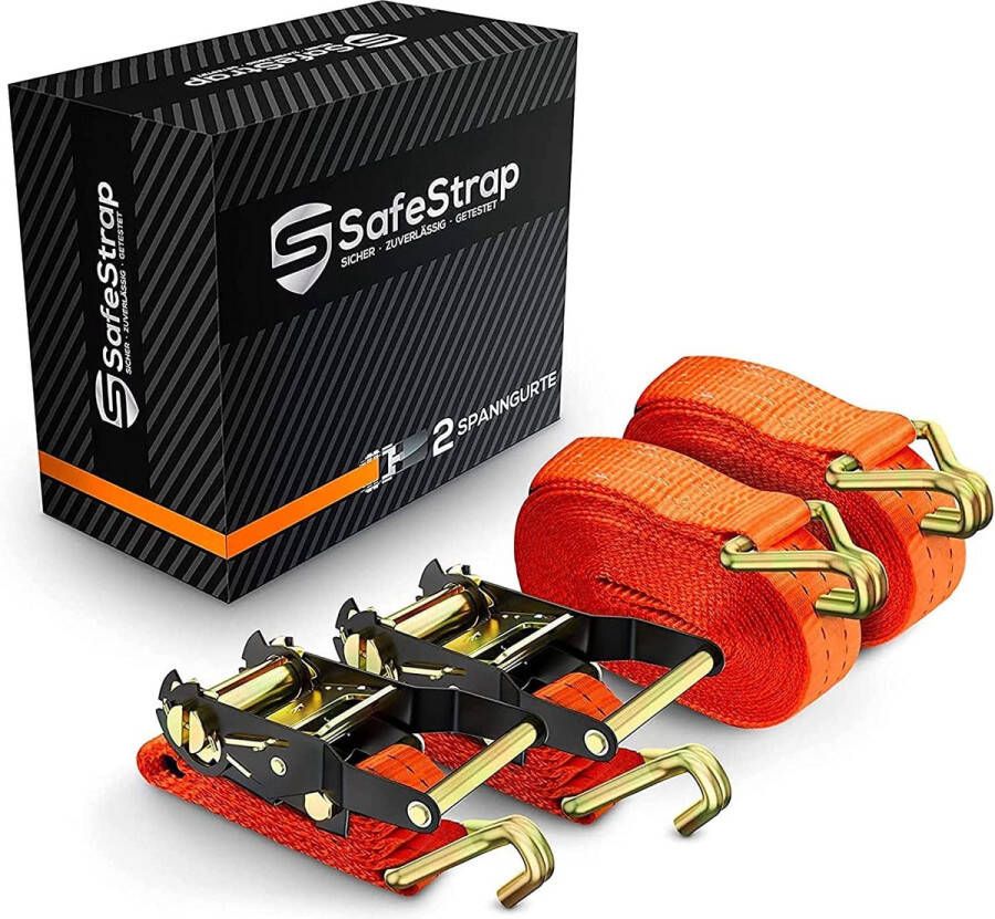 SafeStrap Spanbanden met haken Riemen voor fietsdrager Set van 2 EN 12195-2 Gecertificeerd 6m lange ratelbanden met 2000kg capaciteit