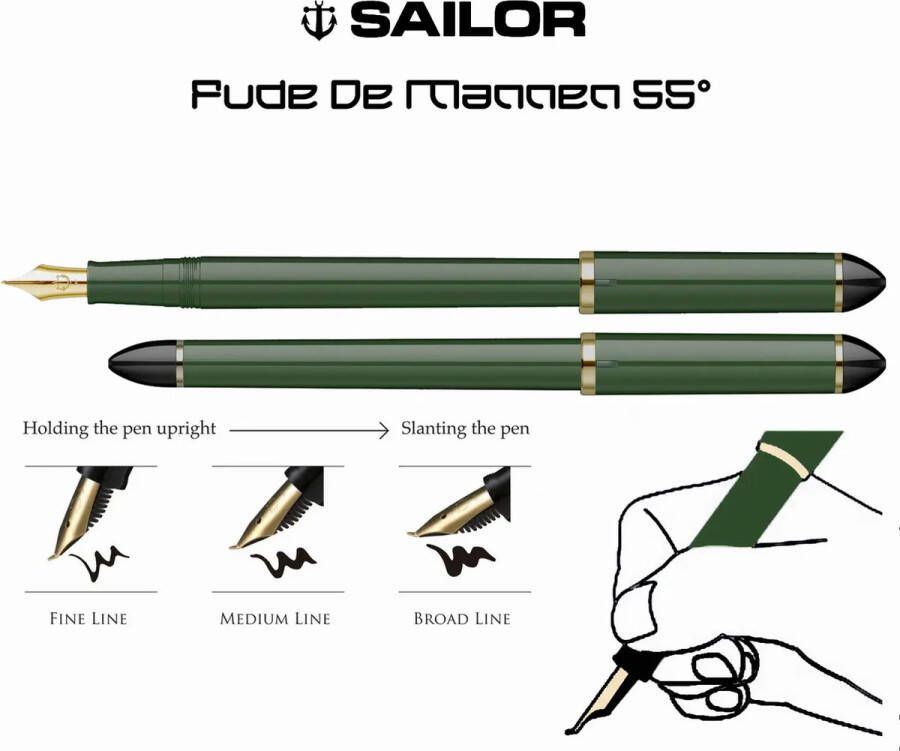Sailor Fude-De-Mannen Script Kalligrafie Pen Wakatake Bamboo Groen Nib Angle 55 °C Degrees + een Converter met een Groene Draaiknop