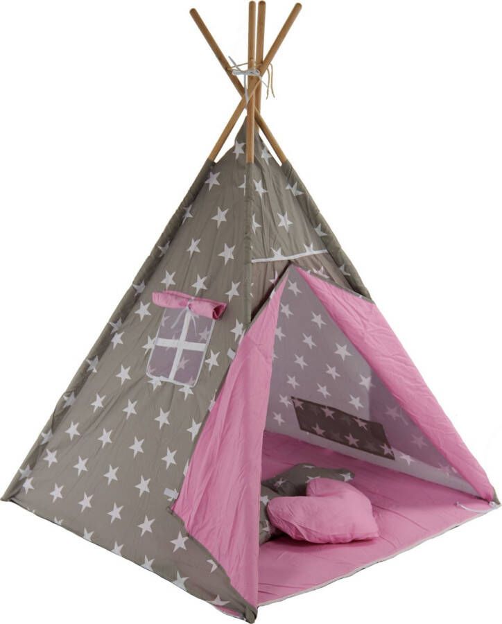 Sajan Speeltent Tipi Tent Met Grondkleed & Kussens Speelhuisje Tent voor kinderen Grijs-Roze