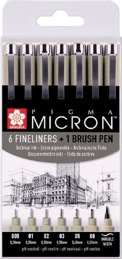 Sakura Fineliner Pigma Micron ass + brushpen zwart 6 stuks